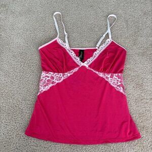 Y2K Babydoll Cami Tank Top Womens 1XL Pink Coquette Lace Stretchy